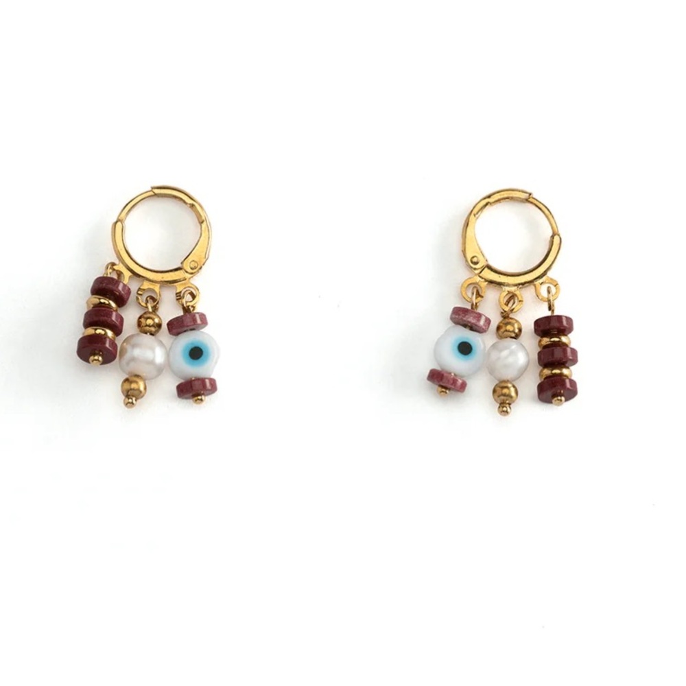 MAYAMAR 24K Gold Plated Evil Eye Beaded Earrings Huggies 1 inch approx Red